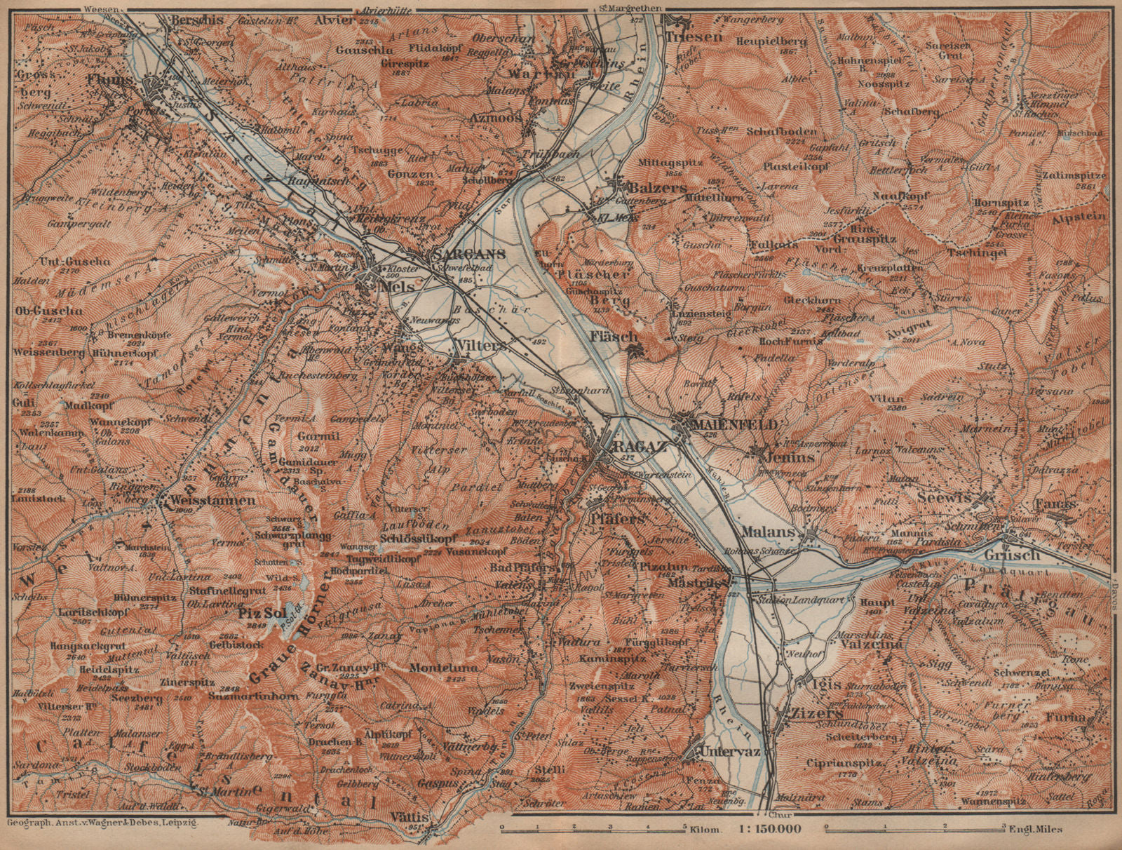 BAD RAGAZ. Malbun Flums Wangs Pizol Sargans Grusch Malans Maienfeld 1907 map